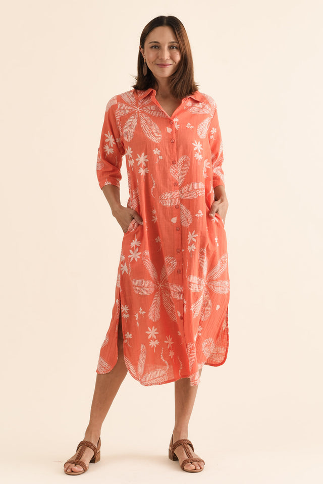 Tricia Peach Flower Cotton Shirt Dress,Full Body,Brunette model,alt text|model:Cara image 2