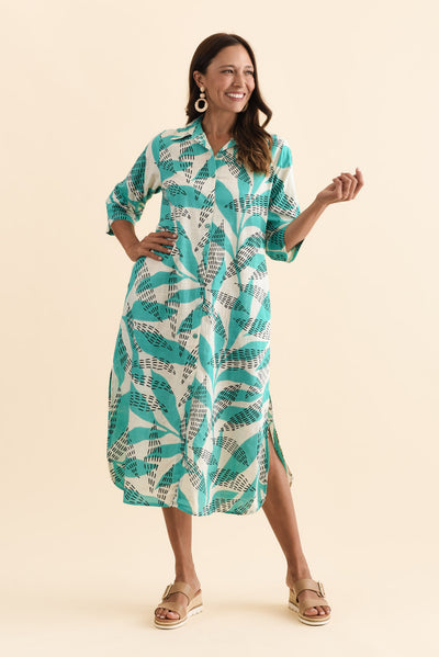 Tricia Teal Fern Cotton Shirt Dress
