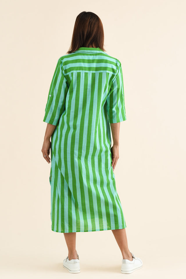 Tricia Turquoise Stripe Cotton Shirt Dress,Back,Brunette model,alt text|model:Cara image 4