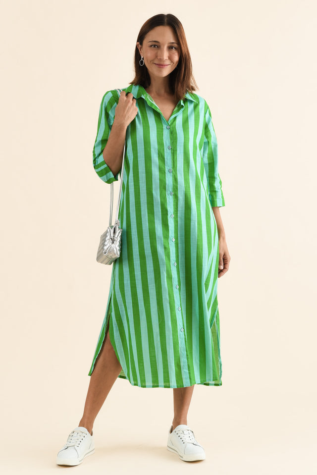 Tricia Turquoise Stripe Cotton Shirt Dress,Front,Brunette model,alt text|model:Cara