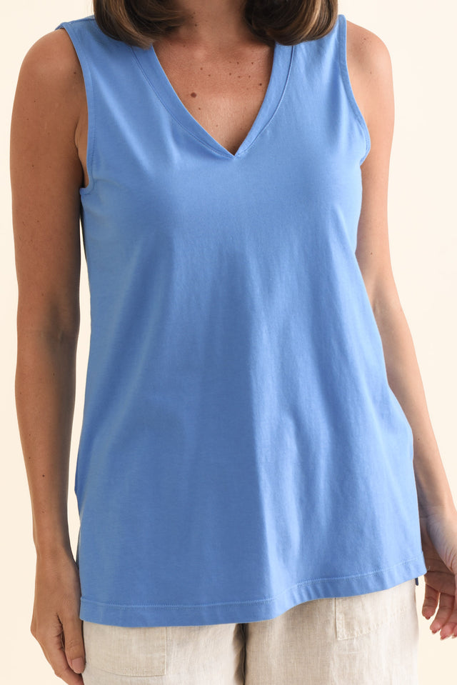 Trinity Blue Cotton V Neck Tank,Brunette model,alt text|model:MJ image 7