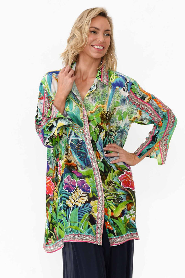Tropical Green Silk Resort Shirt neckline_V Neck  alt text|model:Anna;wearing:S/M