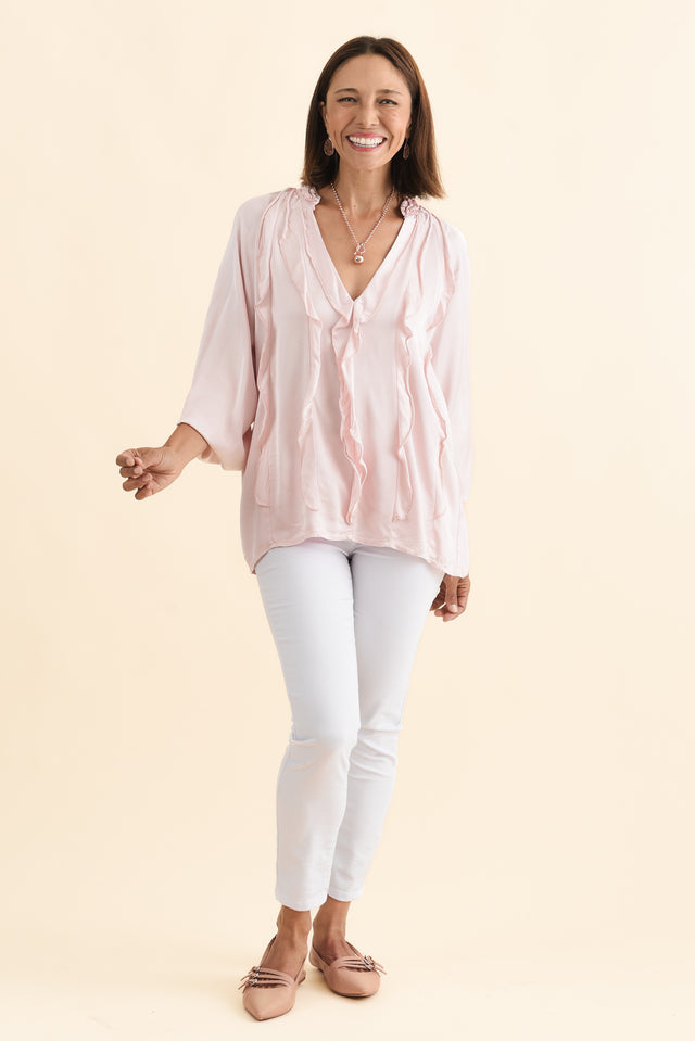 Trove Blush Silk Ruffle Top,Brunette model,alt text|model:Cara image 6