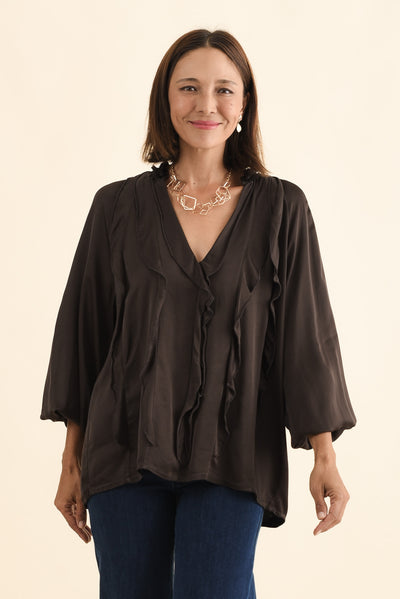 Trove Chocolate Silk Ruffle Top