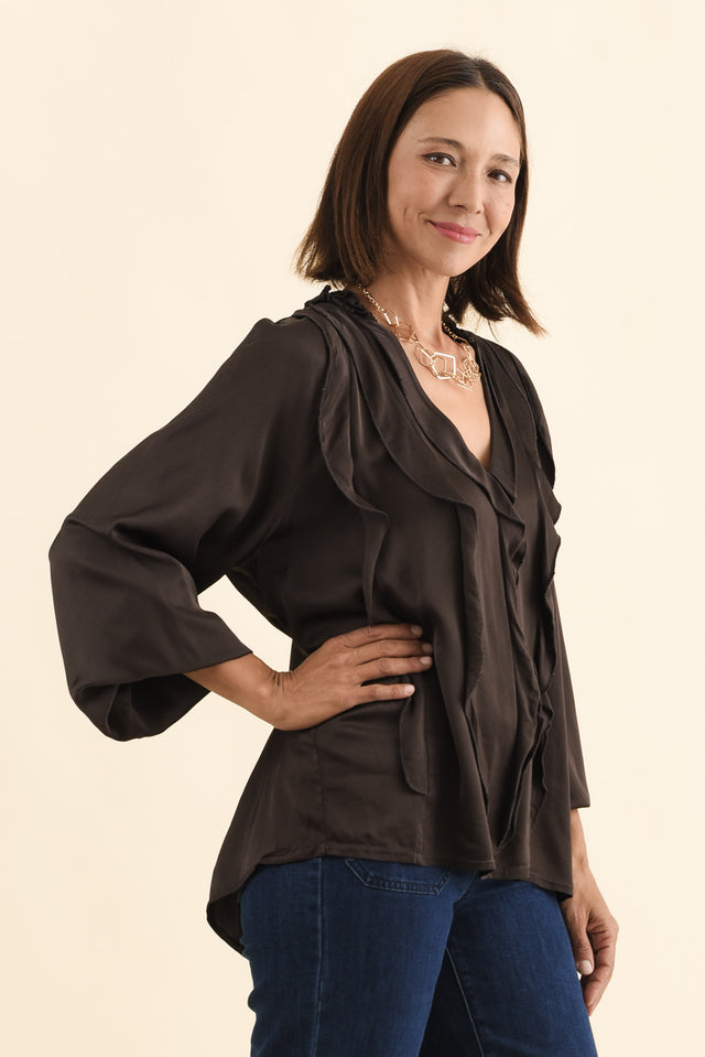 Trove Chocolate Silk Ruffle Top,Brunette model,alt text|model:Cara image 3