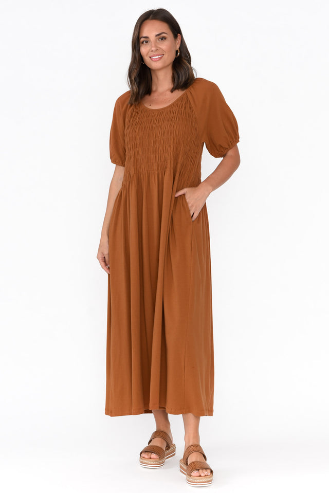 Vancouver Rust Cotton Shirred Dress