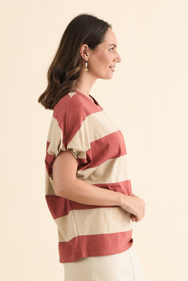 Varley Coral Stripe Cotton Tee,Side,Brunette model,alt text|model:MJ image 3