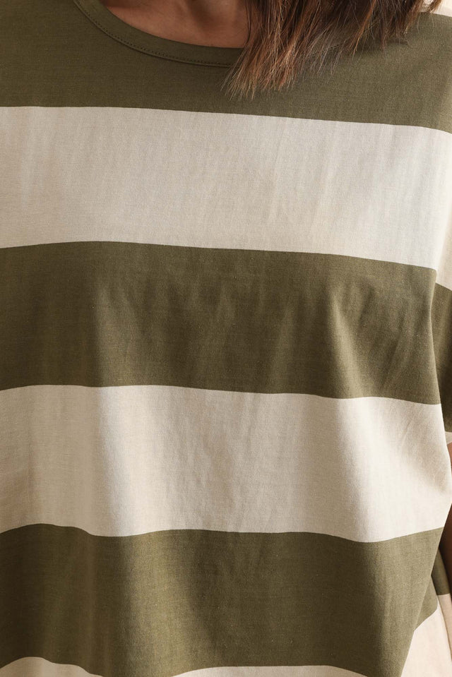 Varley Khaki Stripe Cotton Tee,Detail,Brunette model,alt text|model:Cara image 5