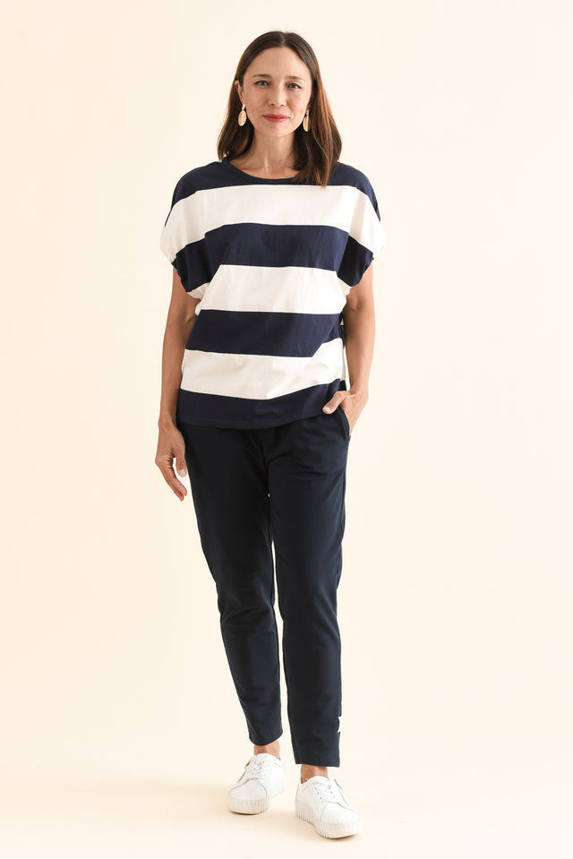 Varley Navy Stripe Cotton Tee,Full Body,Brunette model,alt text|model:Cara image 6
