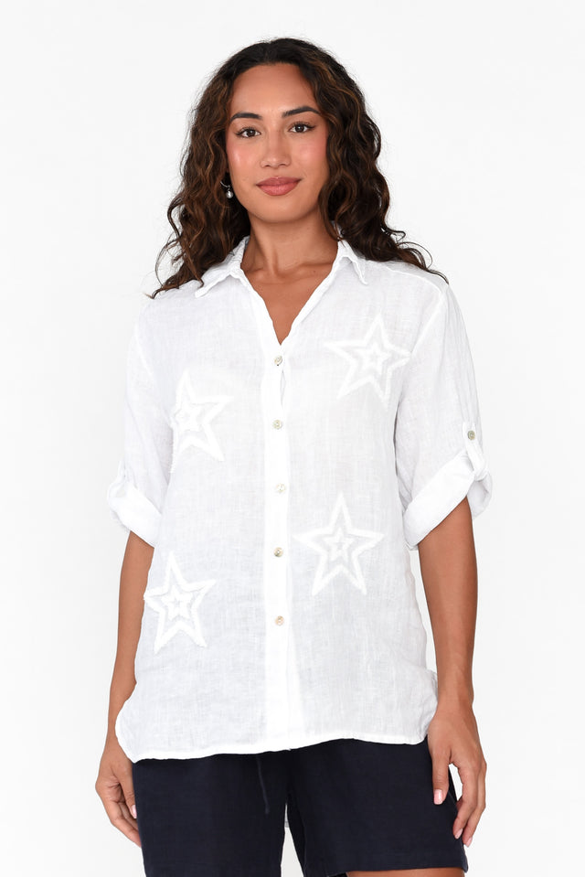 Veridian White Star Linen Shirt neckline_V Neck  alt text|model:Demi;wearing:S image 1