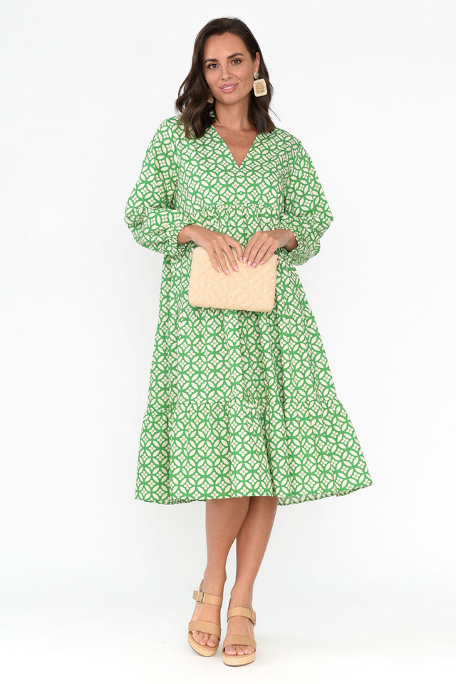 Verona Green Geo Cotton Tier Dress