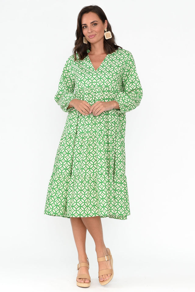 Verona Green Geo Cotton Tier Dress