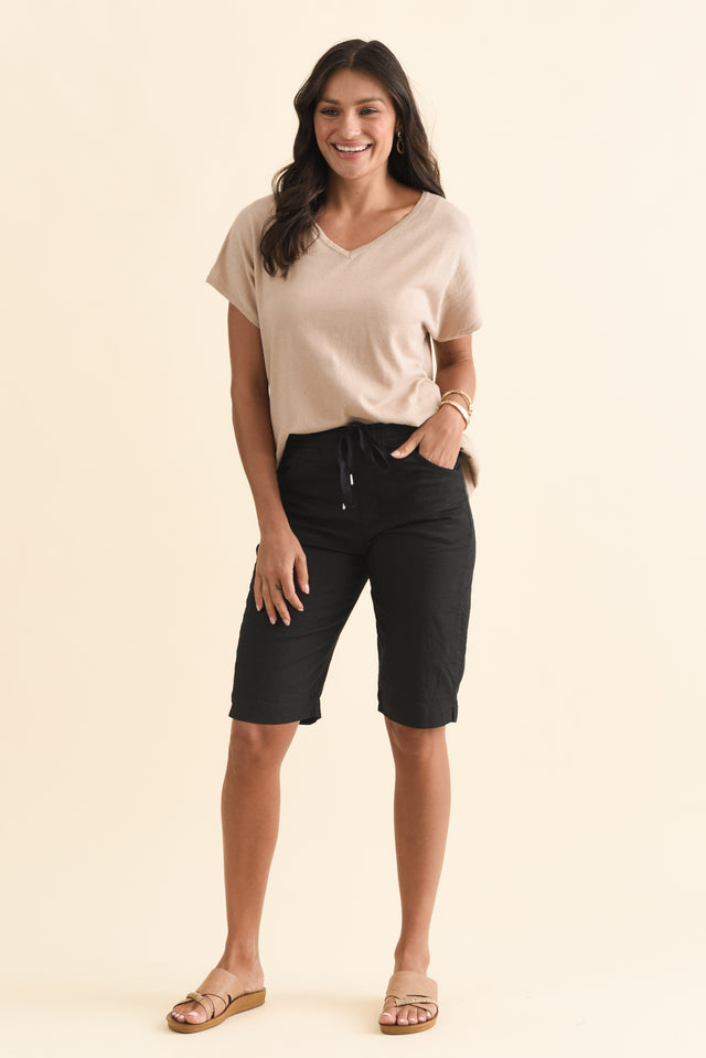 Via Beige Cotton V Neck Knit Top,Brunette model,alt text|model:Brontie image 7