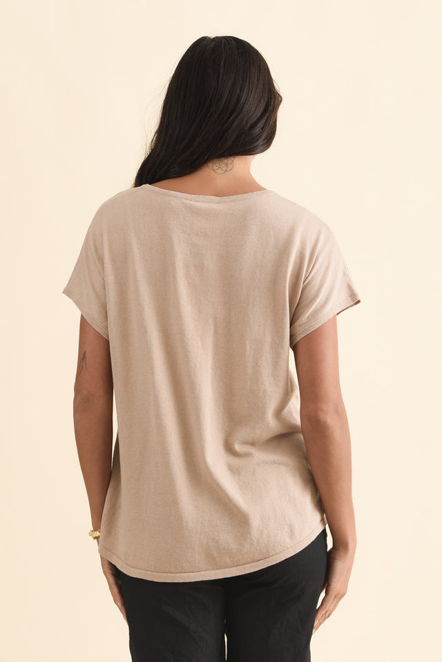 Via Beige Cotton V Neck Knit Top,Brunette model,alt text|model:Brontie image 5