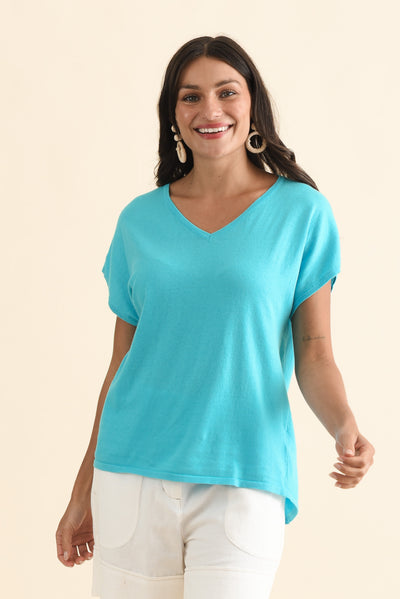 Via Blue Cotton V Neck Knit Top