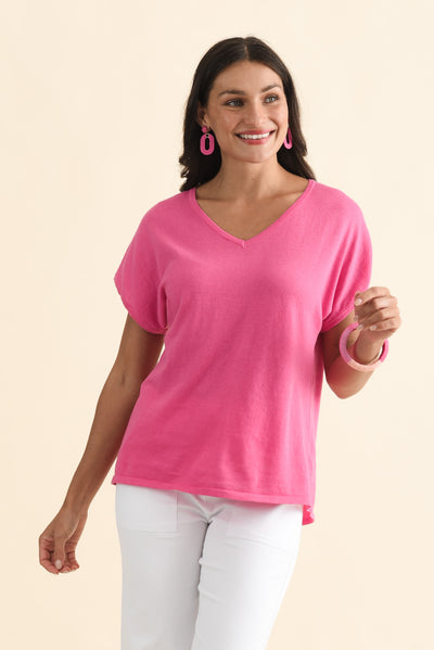 Via Hot Pink Cotton V Neck Knit Top