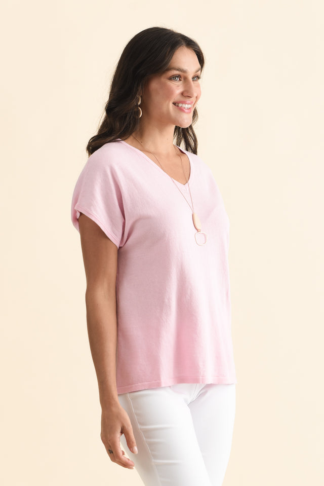 Via Pink Cotton V Neck Knit Top,Brunette model,alt text|model:Brontie image 4