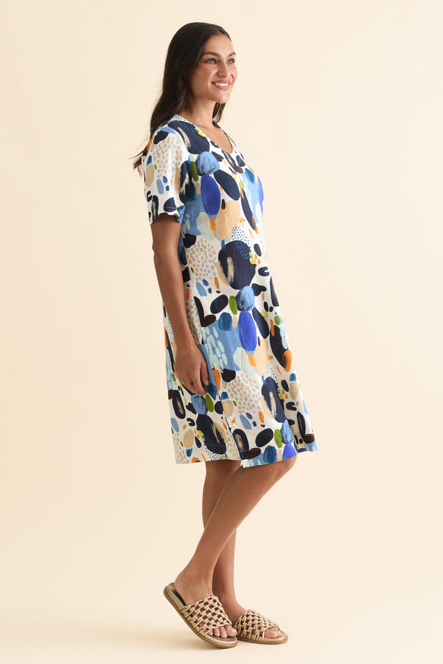 Victoria Blue Geo Linen Blend Dress,Side,Brunette model,alt text|model:Brontie image 3