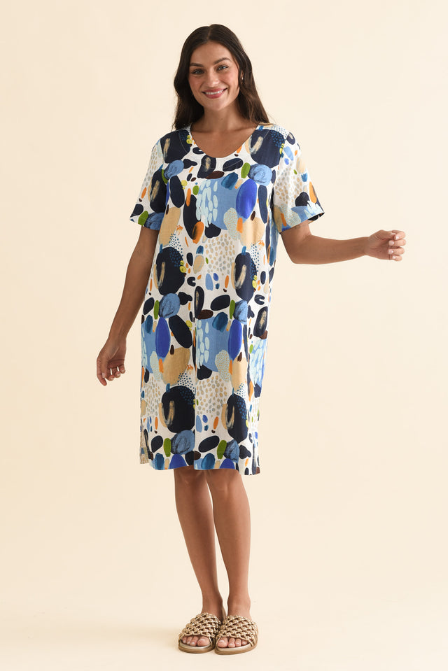 Victoria Blue Geo Linen Blend Dress,Front,Brunette model,alt text|model:Brontie