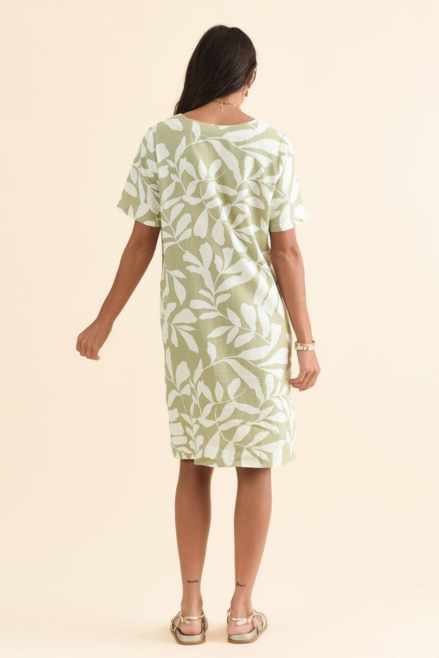 Victoria Khaki Leaf Linen Blend Dress,Back,Brunette model,alt text|model:Brontie image 4