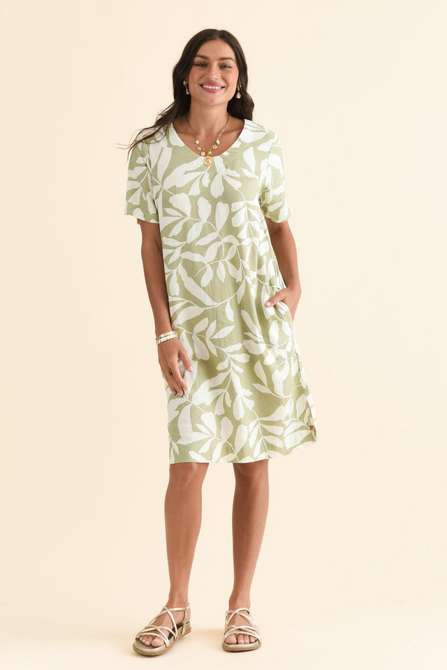 Victoria Khaki Leaf Linen Blend Dress,Full Body,Brunette model,alt text|model:Brontie image 6