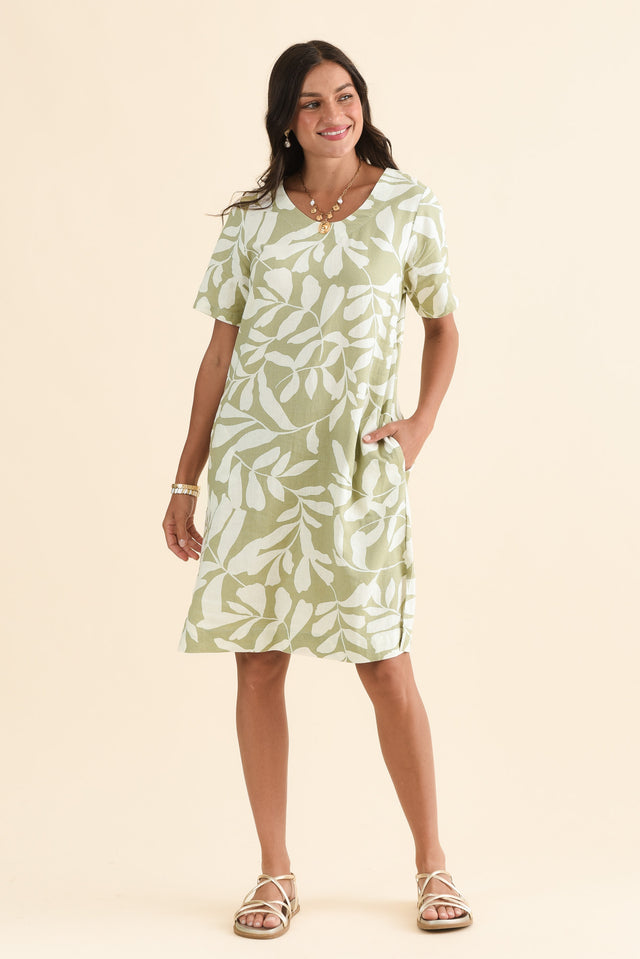 Victoria Khaki Leaf Linen Blend Dress,Full Body,Brunette model,alt text|model:Brontie
