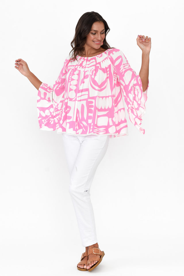 Violet Pink Abstract Bell Sleeve Top image 3
