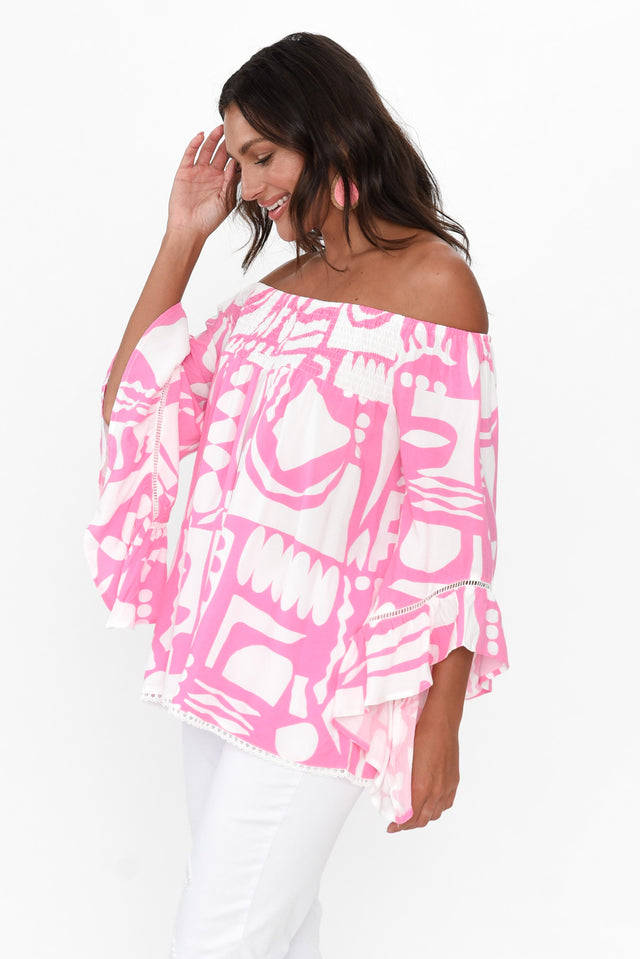 Violet Pink Abstract Bell Sleeve Top image 4