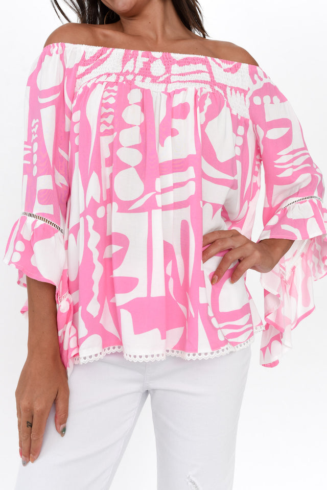 Violet Pink Abstract Bell Sleeve Top image 6