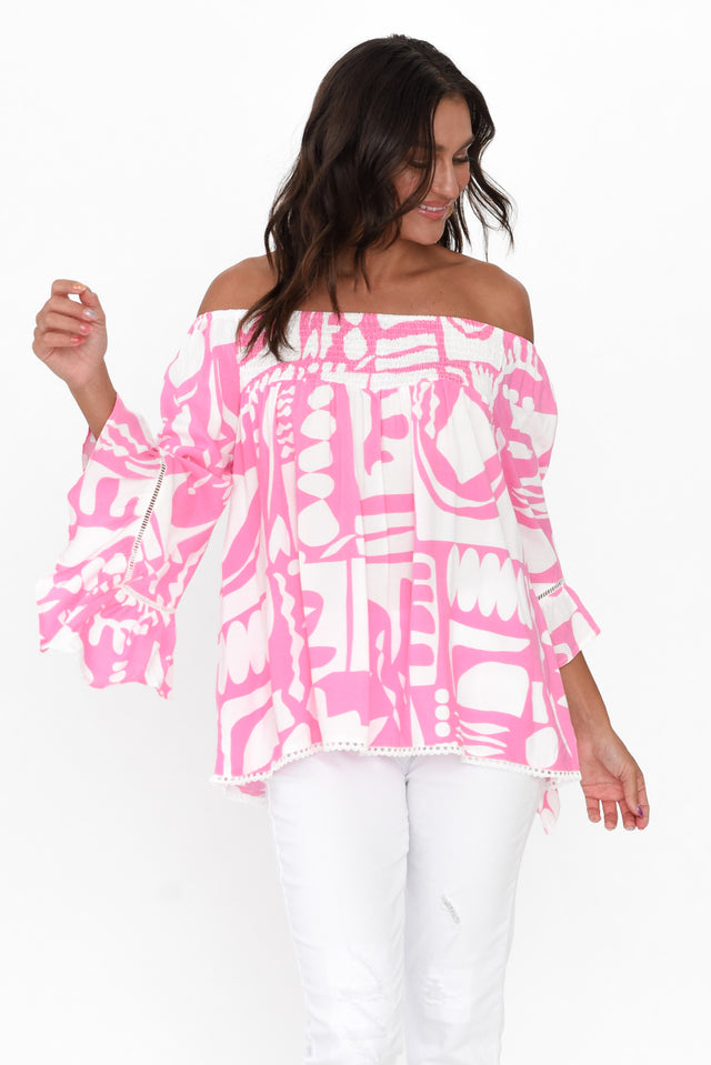 Violet Pink Abstract Bell Sleeve Top image 2