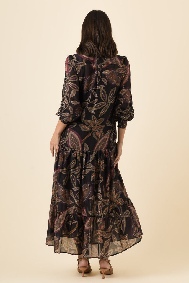 Wanderlust Dark Tropique Cotton Silk Pearl Dress,Brunette model,alt text|model:MJ image 4
