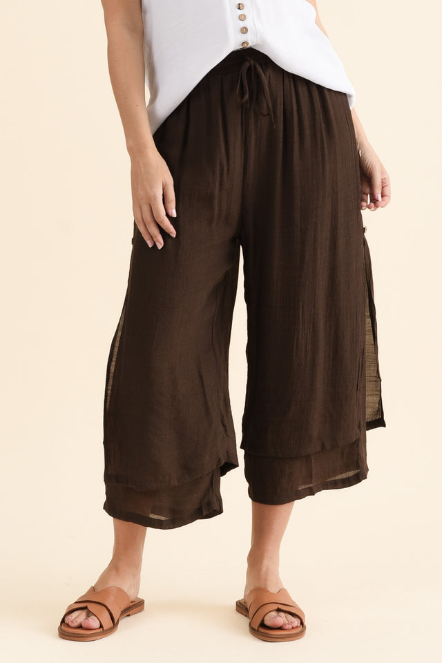 Watson Chocolate Cotton Blend Layered Pants,brunette model,Front of Outfit,alt text|model:MJ image 1