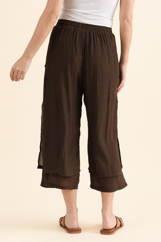 Watson Chocolate Cotton Blend Layered Pants,brunette model,Back of Outfit,alt text|model:MJ image 4