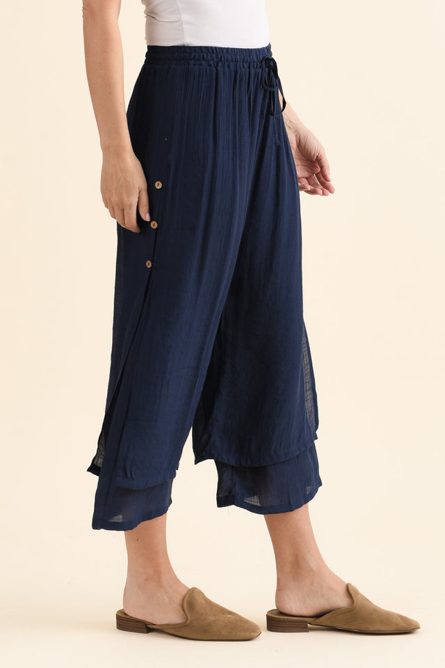 Watson Navy Cotton Blend Layered Pants,brunette model,Side of Outfit,alt text|model:MJ image 3