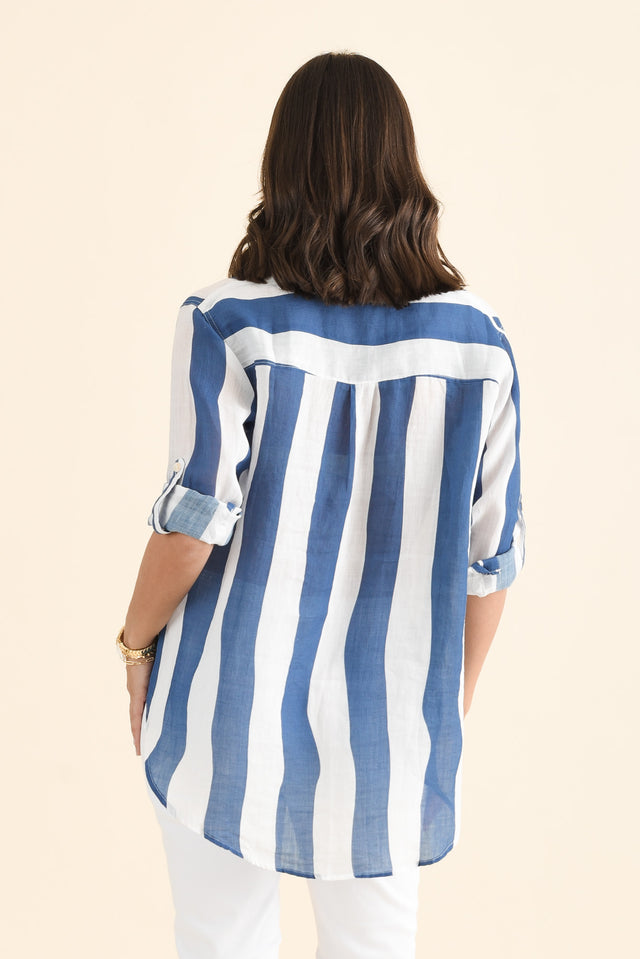 Wellington Blue Stripe Linen Shirt,brunette model,Back of Outfit,alt text|model:MJ image 4