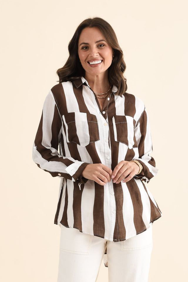 Wellington Chocolate Stripe Linen Shirt,brunette model,Front of Outfit,alt text|model:MJ image 1