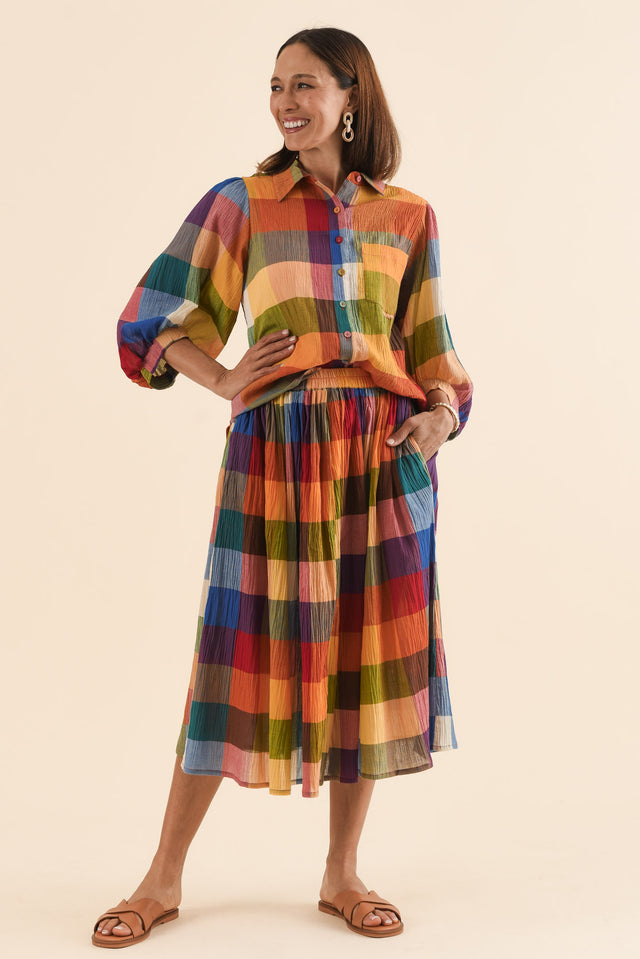 Wesley Orange Check Cotton Shirt,Full Body,Brunette model,alt text|model:Cara image 6
