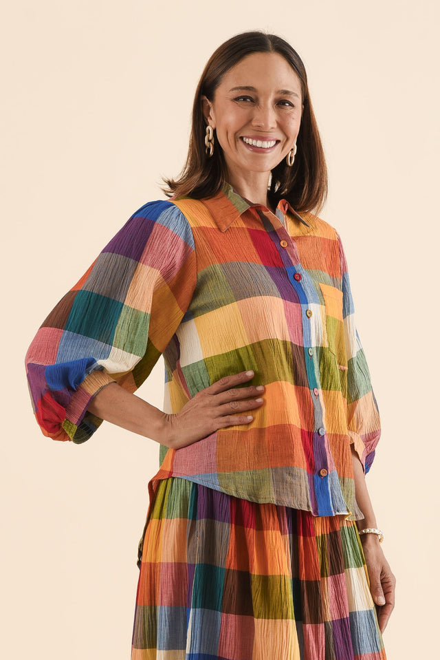 Wesley Orange Check Cotton Shirt,Side,Brunette model,alt text|model:Cara image 3