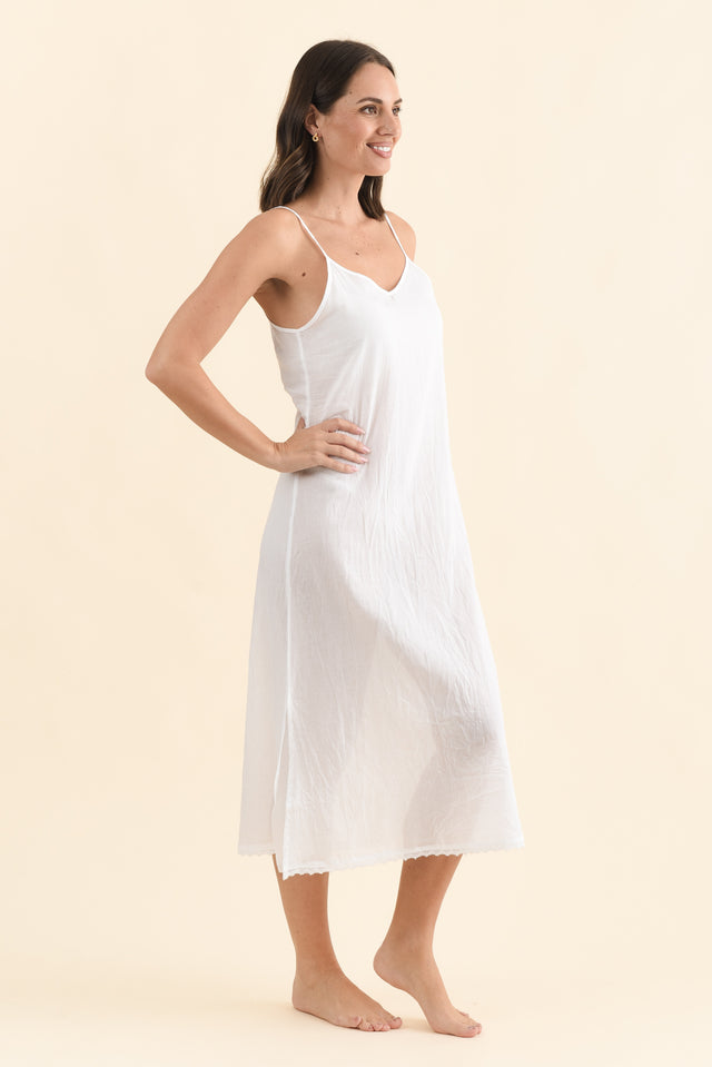 White Cotton Maxi Slip Dress,Brunette model,alt text|model:MJ image 3