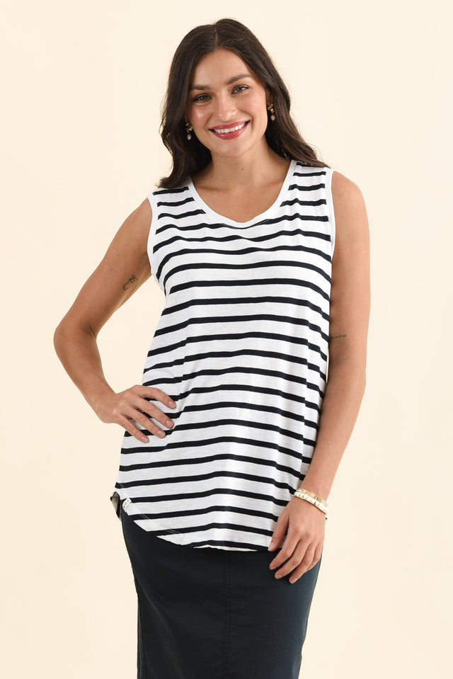 White Stripe Cotton Scoop Tank,Front,Brunette model,alt text|model:Brontie
