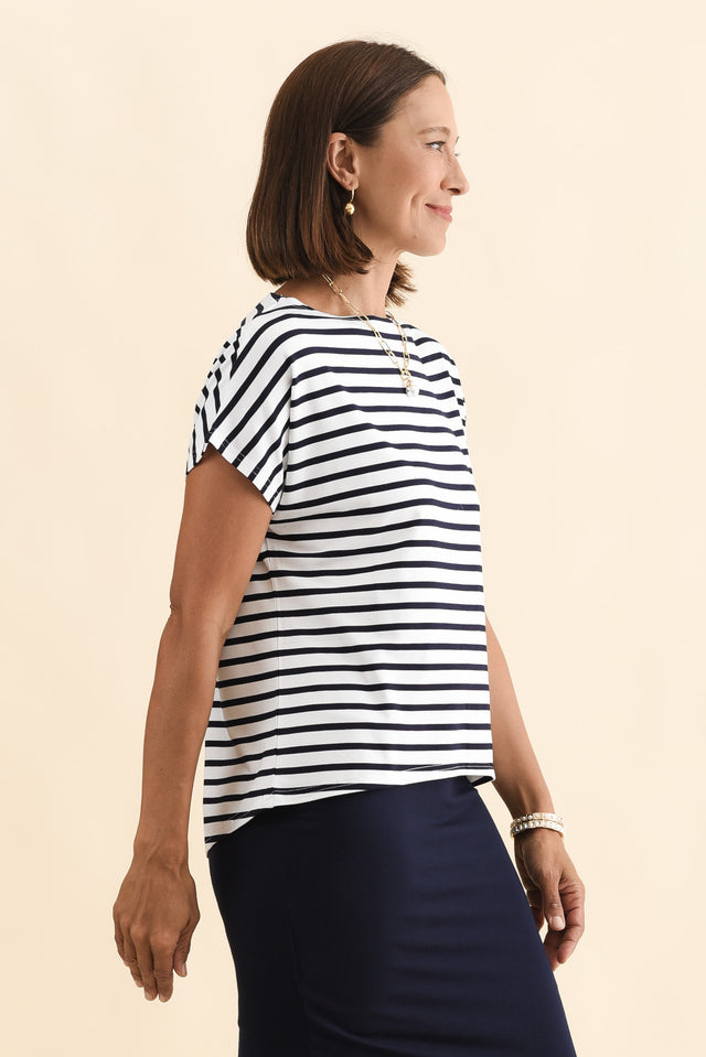 Wilde Navy Stripe Bamboo Box Tee,Brunette model,alt text|model:Cara image 4
