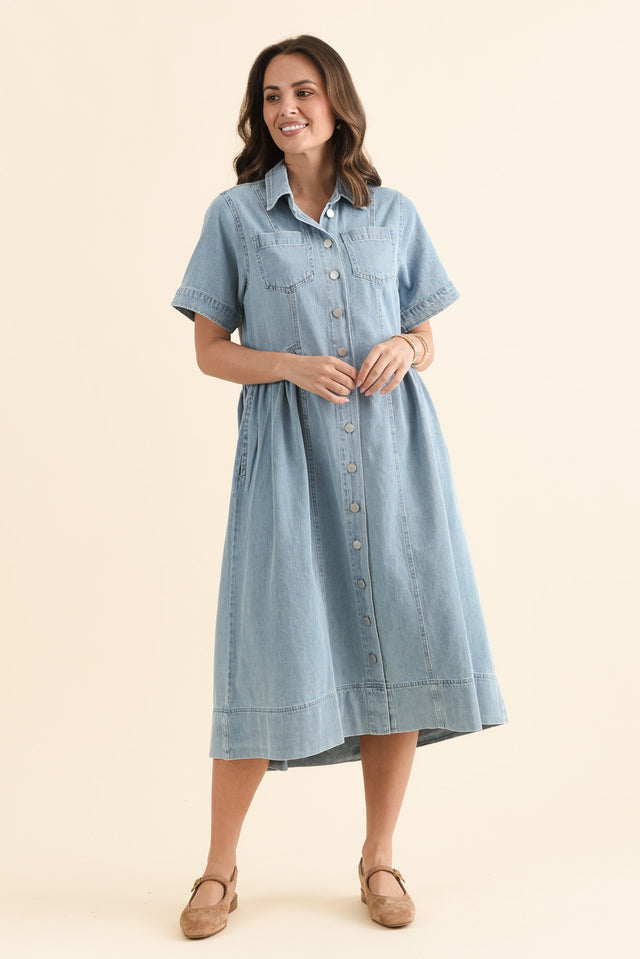 Willow Blue Denim Shirt Dress,Full Body,Brunette model,alt text|model:MJ image 6