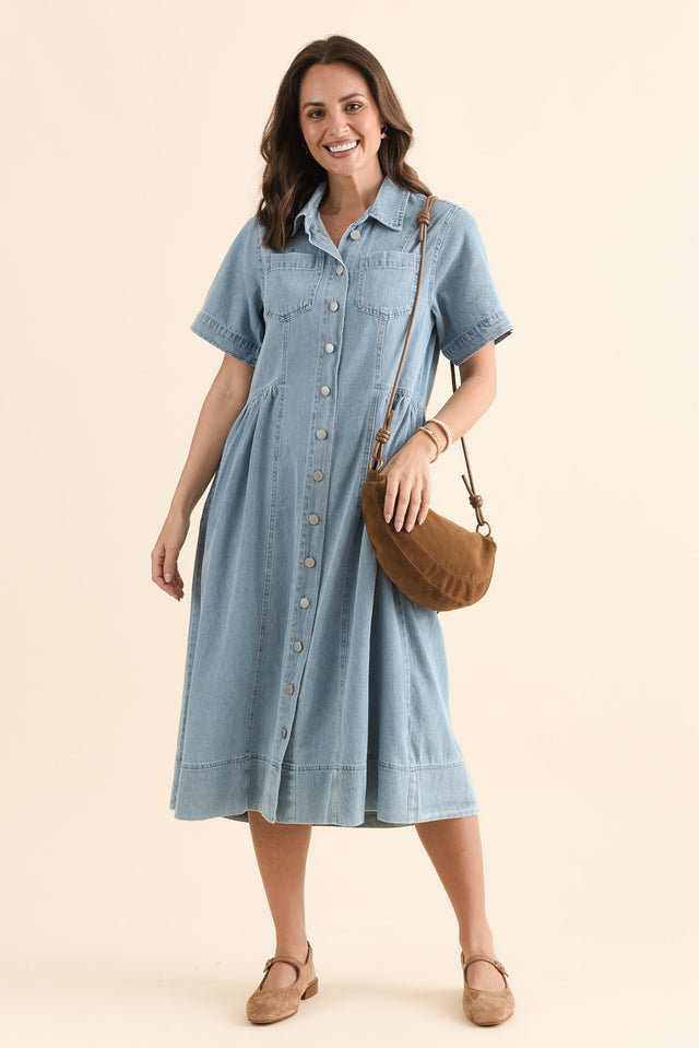 Willow Blue Denim Shirt Dress,Full Body,Brunette model,alt text|model:MJ
