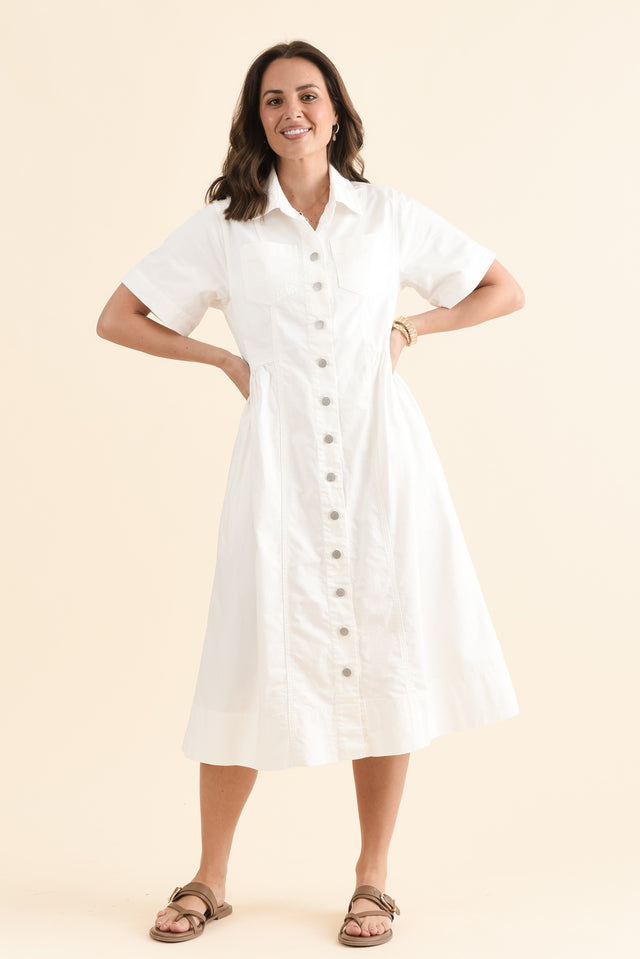 Willow White Denim Shirt Dress,Full Body,Brunette model,alt text|model:MJ