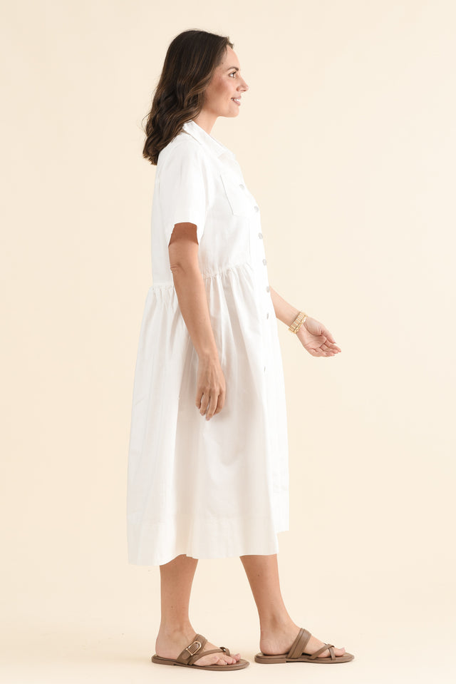 Willow White Denim Shirt Dress,Side,Brunette model,alt text|model:MJ image 3