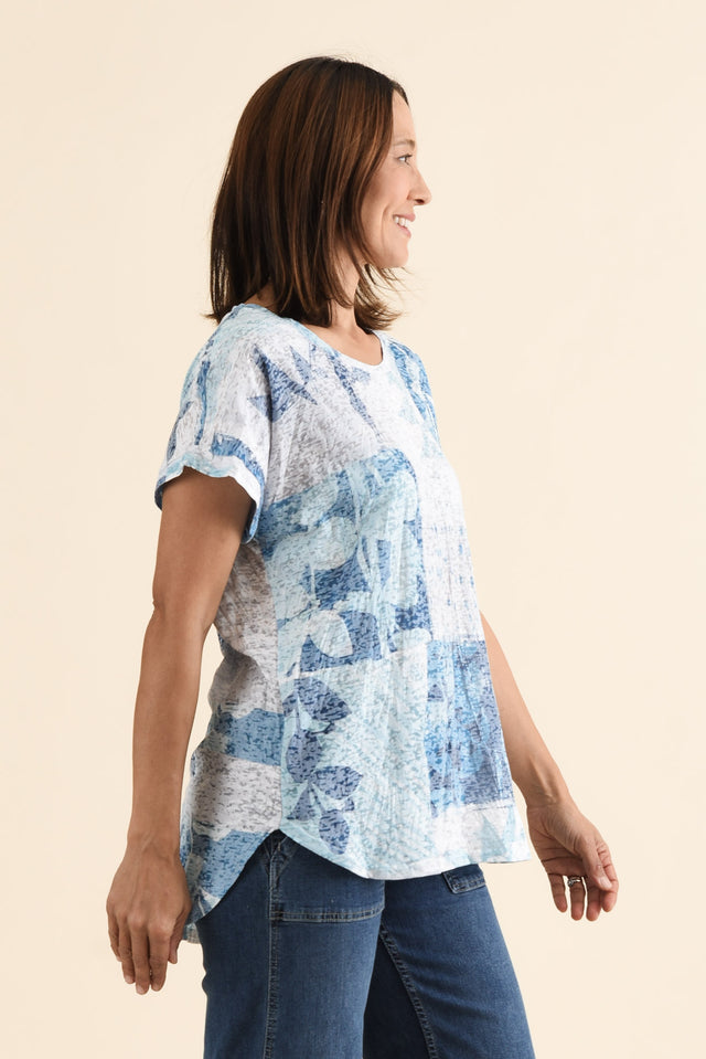Wilona Blue Botanical Cotton Blend Tee,brunette model,Side of Outfit,alt text|model:Cara image 3