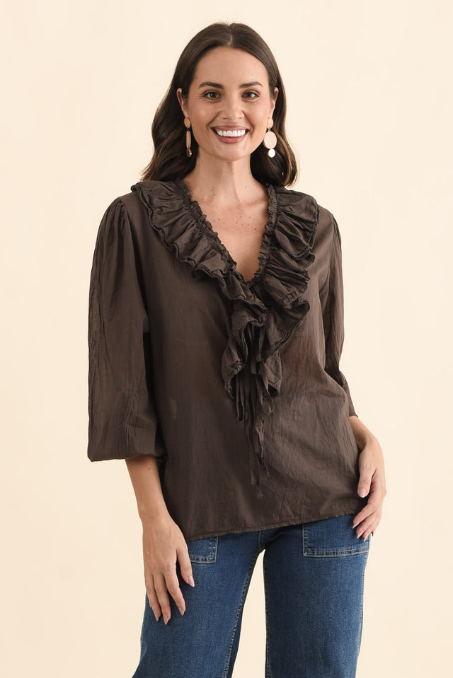 Winifred Chocolate Cotton Frill Top