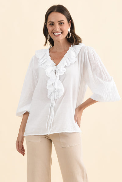 Winifred White Cotton Frill Top