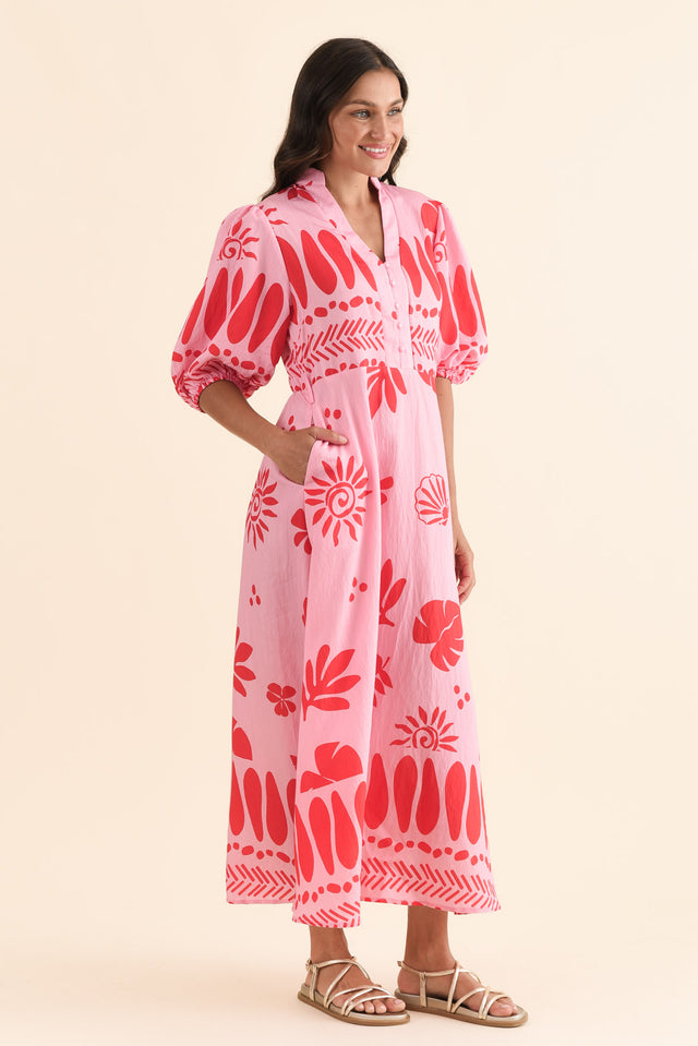 Winsome Pink Tropical Cotton Tie Dress,Side,Brunette model,alt text|model:Brontie image 3