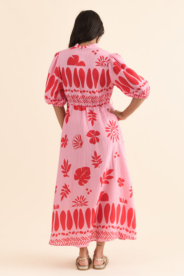 Winsome Pink Tropical Cotton Tie Dress,Back,Brunette model,alt text|model:Brontie image 4